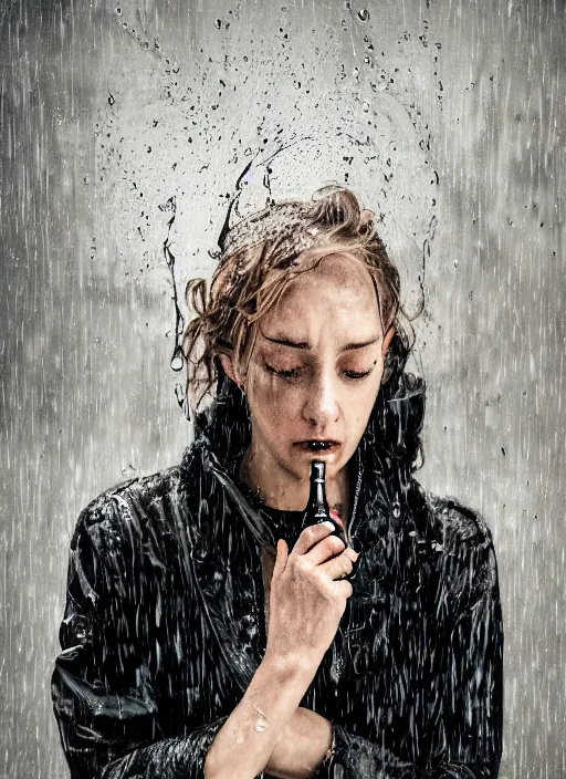 Image similar to expressive potrait photo of sad tired woman in the rain eating a bottle, glamour shot, by jenny saville, by stefan gesell, photorealistic, canon r 3, fashion photography, hyper maximalist, elegant, ornate, luxury, elite, environmental portrait, symmetrical features, octane render, unreal engine, solid dark grey background, dramatic lights