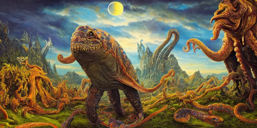 Image similar to fantasy oil painting, great leviathan, cybernetic turtle cephalopod terrapin reptilian pachyderm squid, bella hadid, hybrid, milla jovovich, anubis epic islamic city, natural light, lush plants flowers, spectacular mountains, bright clouds, luminous sky, outer worlds, golden hour, michael cheval, edward hopper, michael whelan, hd