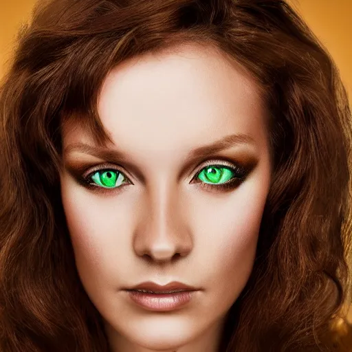 Image similar to photograph of a cute woman with bronze brown hair and vivid green eyes, light makeup, golden hour, 8k, photographed by Erwin olaf