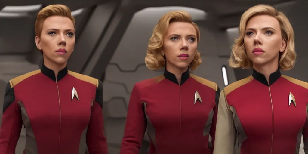 Image similar to incredible wide screenshot, Scarlett Johansson is captain of the Enterprise in the new Star Trek movie