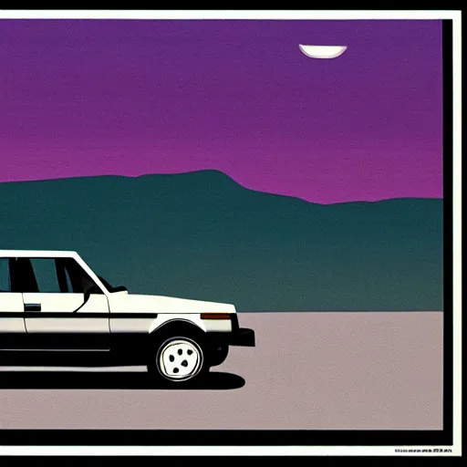 Prompt: rangerover driving down a windey road with noctoluminescent clouds in the sky, simplistic style, 1 9 8 0 s poster style