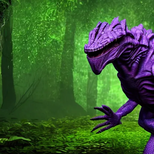 Prompt: stunning reptilian raptor-like alien creature, dark and mysterious, stopped in time, atmospheric, alien jungle, purple floral eerie, cinematic, Epic, 8k, 4k, ultra detail, ultra realistic, rendered by awesomeness