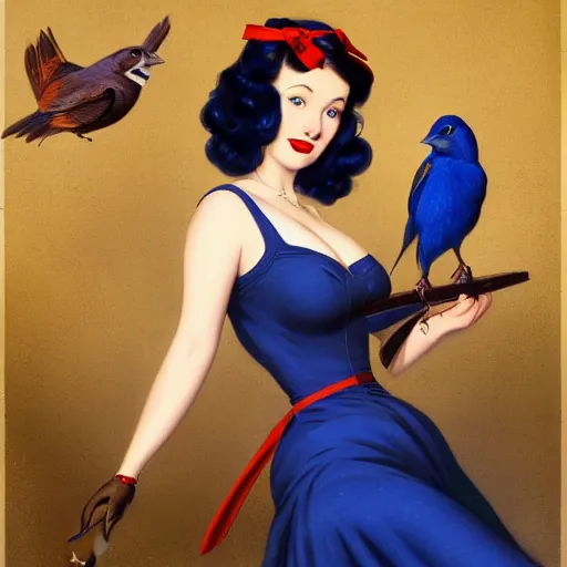 Image similar to portrait of a pinup girl holding an indigo bunting, bird, the bird is wearing a bowtie, by greg rutkowski, rossdraws, gil elvgren, enoch bolles, anime, porcelain skin, very coherent