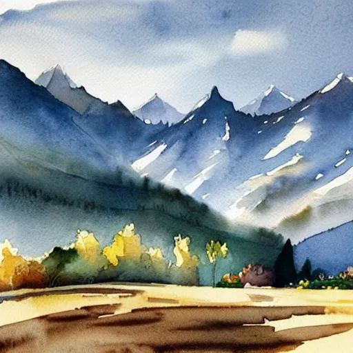 Prompt: landscape with serene mountains, very beautiful award-winning watercolor painting by a very talented artist