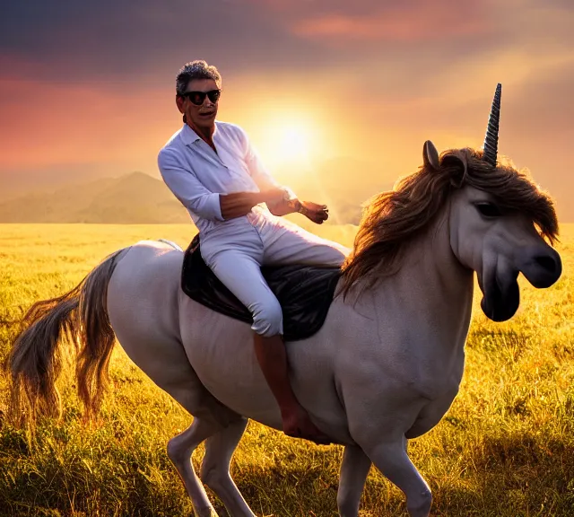 Prompt: close up of jeff goldblum riding a magical unicorn through a beautiful grassy field with mountains and the setting sun behind him, golden hour, 8 5 mm f 3. 5
