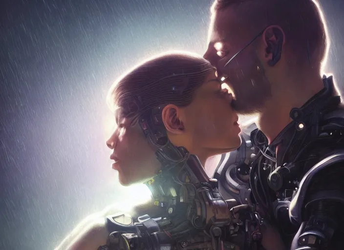 Prompt: ultra realistic medium shot of a couple of cyborgs kissing, lovers, cyberpunk, sci - fi, kodak, faces, colour led, soft light, volumetric lighting, fog, rays, night, rain, station, intricate detailed, digital painting, concept art, smooth, sharp focus, illustration, art by artgerm and greg rutkowski and alphonse mucha