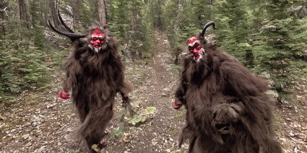 Prompt: trailcam footage of krampus in an alpine forest