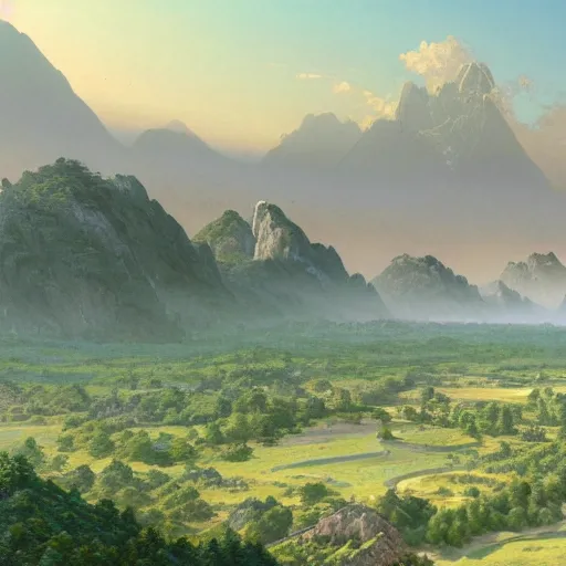 Prompt: A beautiful hyper realistic detailed matte painting of a serene landscape with rocky plains in the foreground and mountains in the background at late morning during spring, by Hiroshi Yoshida and Toshi Yoshida and Hasui Kawase, aerial view, view from above, unreal engine, trending on artstation, barometric projection, rectilinear, f8