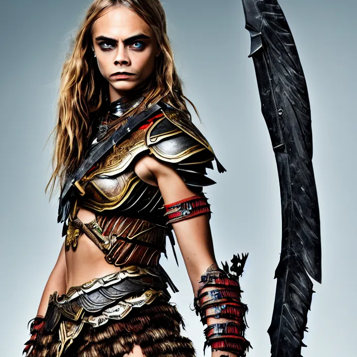 Image similar to professional full length photograph of cara delevingne as an amazon warrior. Extremely detailed. 8k