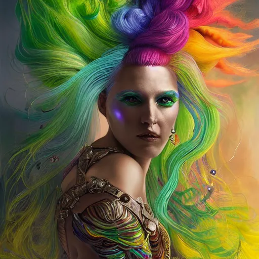 Image similar to A princess with rainbow wings and rainbow hair. complex hyper-maximalist over-detailed, cinematic cosmic scifi portrait of an elegant very attractive but wild and dangerous witch anthropomorphic female warrior god by andrei riabovitchev, tomasz alen kopera, oleksandra shchaslyva alex grey and bekinski. Fantastic realism. Volumetric soft green and red lights. Ominous intricate. Secessionist style ornated portrait illustration. Unreal engine 5. Focus on face. Artstation. Deviantart. 8k 4k 64megapixel. Cosmic horror style. Rendered by binx.ly. coherent, hyperrealistic, lifelike textures and only one face on the image.