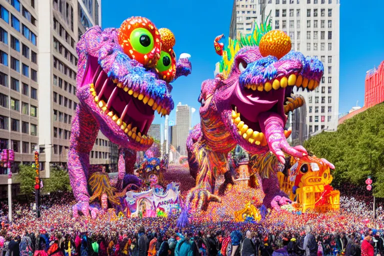 Image similar to photo of giant beautiful elaborate parade float monster designed by lisa frank and geof darrow, in the macys parade, detailed 4 k photo, gigapixel, hyperdetailed