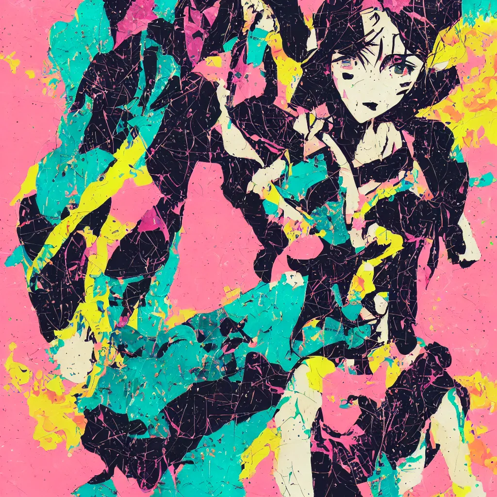 Image similar to girl figure, abstract, jet set radio artwork, ryuta ueda artwork, cryptic, rips, spots, asymmetry, stipple, lines, glitches, color tearing, pitch bending, stripes, dark, ominous, eerie, hearts, minimal, points, otomo katsuhiro artwork, technical, natsumi mukai artwrok, folds