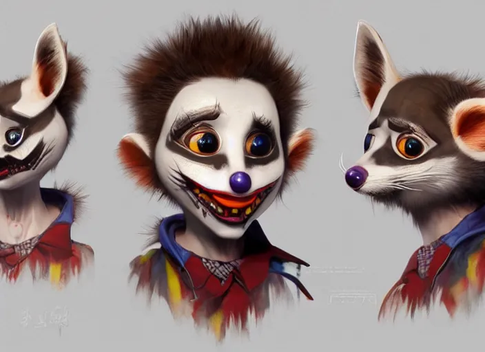 Prompt: award - winning detailed concept art of a strange creepy clown iconic anthropomorphic raccoon character wearing clown makeup. art by wlop on bcy. net, realistic. detailed fur, art by cheng yi. artstationhd, artgerm, 3 dcg, pixar zootopia. 3 d rendering, high quality model sheet, disney. model sheet detailed