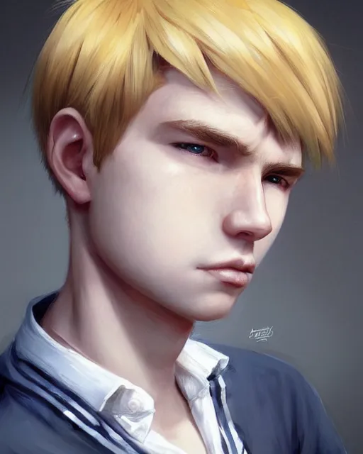 Prompt: portrait of 1 5 - year - old boy with blonde hair, round - face, and slightly buck - toothed, hyper realistic face, beautiful eyes, character art, art by artgerm lau and wlop and and ilya kuvshinov and john singer sargent, hyperdetailed, symmetrical, cryengine, trending on artstation, digital art