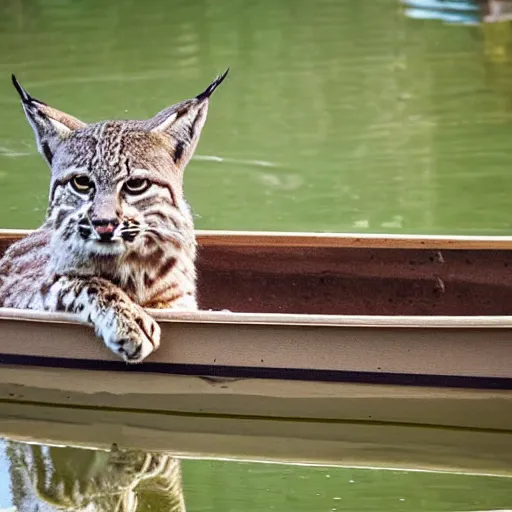 Image similar to a bobcat in a rowboat wears a baggie hat and has its hand on its hip, the boat is half full of water but the bobcat seems at ease