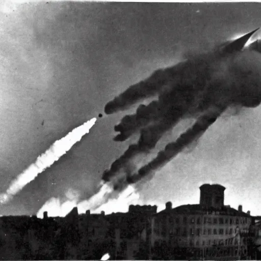 Prompt: 1800s camera obscura photography of a heavily armed zeppelin firing missiles into a city which is in flames