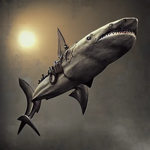 Prompt: a steampunk robotic shark, dark background, super - detailed, photo - realistic,