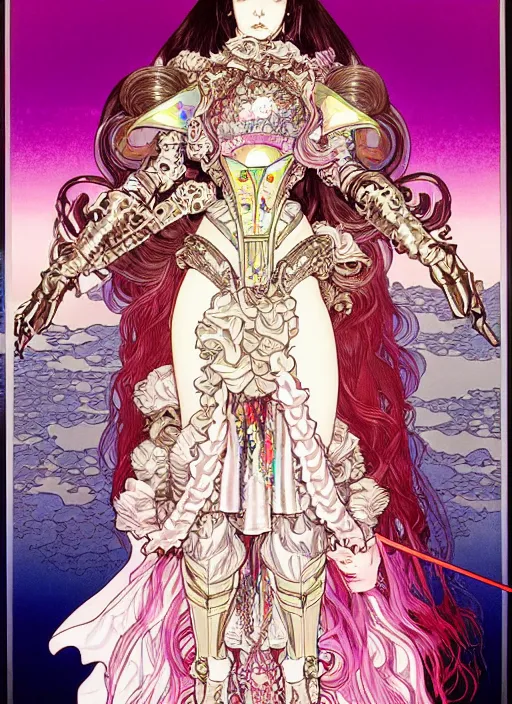 Prompt: artstation highly detailed terada katsuya ayami kojima manga poster of princess mechine, rainbow gradient reflection, long hair, armor, dress, laces, ruffles, 8 k, maximalist,, jump comics, tomer hanuka, alphonse mucha