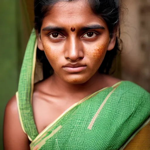 Prompt: the round shaped face of a lightly tanned, young indian woman is looking directly at the camera. She has short auburn fringed hair, small nose, full lips, dark green eyes, freckles. Portrait photography in the style of Steve Mccurry, 8K HD.