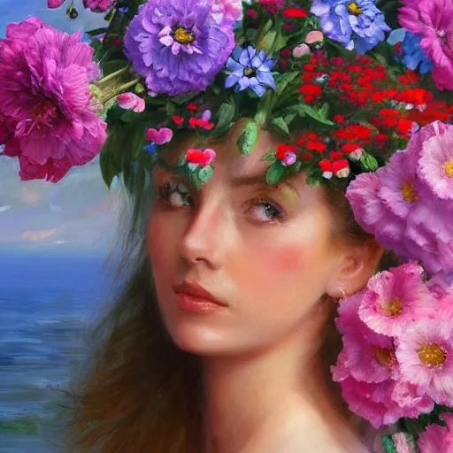 Image similar to a portrait of a romantic woman with flowers grow out of hair, roses peonies forget-me-nots dahlias lupins gladioli, sky theme in background, by Alexandr Averin, Digital Art, Trending on artstation