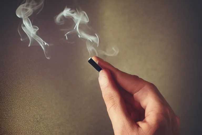 Prompt: Close-up of thin soft hand, long cigarette with smoke, hand with five fingers, hyper realistic, high details, photo, super resolution