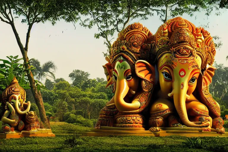 Image similar to high quality 3 d dreamscape! biomorphic ganesha head building in the middle of serene country setting!!, kalighat highly detailed, cinematic smooth, stephen shore & john j. park, soft morning light, wide shot, high angle, uhd 8 k, deep focus