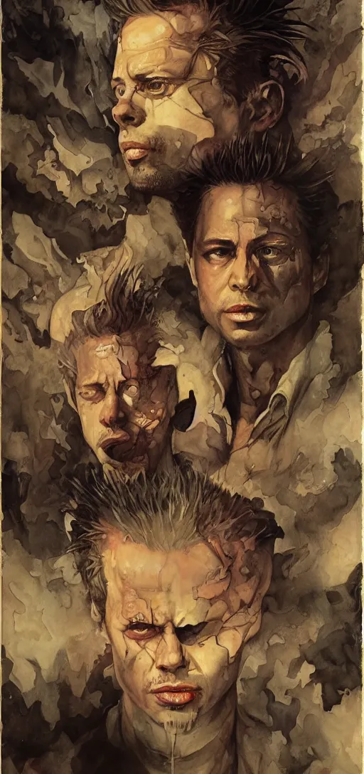 Prompt: portrait of tyler durden and the narrator in the style of wayne barlowe, gustav moreau, peter mohrbacher, bussiere, roberto ferri, santiago caruso, luis ricardo falero, austin osman spare