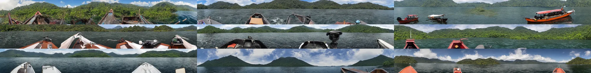 Image similar to wide angle view, 3d stereoscopic equirectangular 360 on a small boat at lake Batur, fov 90 degrees, horizon centered, yaw 0 degrees