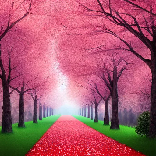 Image similar to road through a cherry tree forest, pellets falling down with the wind, pinkshift render, advanced digital painting, 4k