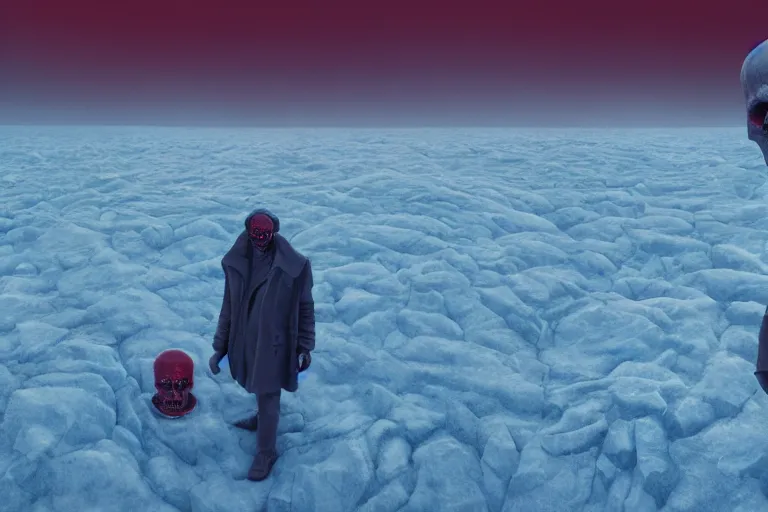 Image similar to a hovering red skull, surreal frozen landscape, 8 k, cinematic lighting, by beeple and zdzisław beksinski