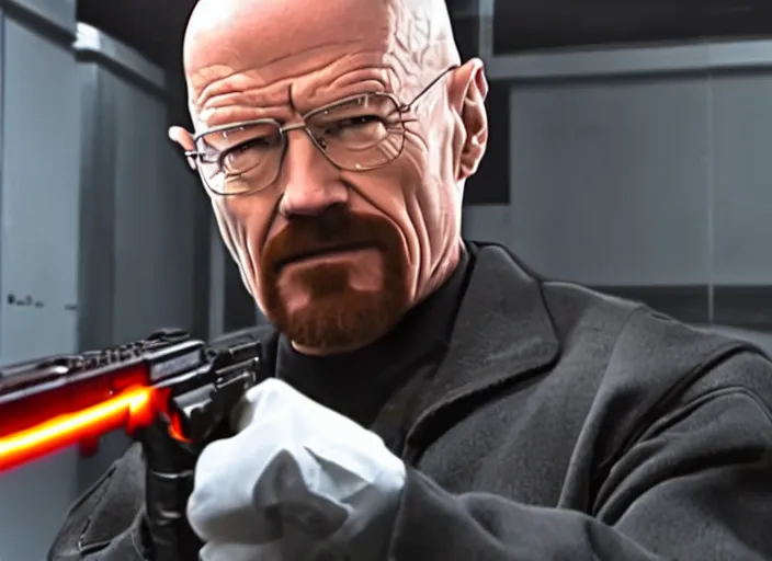 Prompt: film still of Walter White as Gordan Freeman wearing a black HEV suit with a glowing orange black mesa logo in front holding a gravity gun in the Half Life Movie, 4k