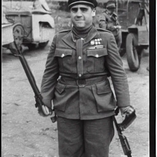 Image similar to Danny DeVito as an soldier during WW2, grainy monochrome photo