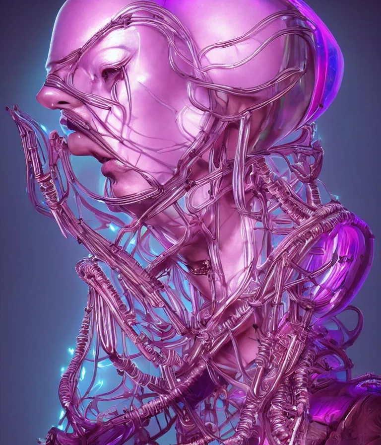 Image similar to fully symmetrical centered iridescent portrait of a beautiful princess in robe. artificial muscles, ribcage, bones, hard surface modelling. cyberpunk look. biomechanical mask. bio luminescent biomechanical halo around head. neon jellyfish. artwork by jarold Sng by artgerm, by Eddie Mendoza, by Peter mohrbacher by tooth wu, unreal engine, octane render, cinematic light, high details, iridescent colors, dichroic, macro, depth of field, blur