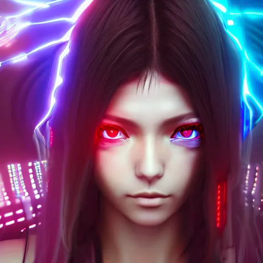 Prompt: Cyberpunk render as a very beautiful 3d anime girl, hot petite, long braided hair, hazel eyes, full round face, short smile, cinematic lightning, medium shot, mid-shot, highly detailed, trending on Artstation, Unreal Engine 4k, cinematic wallpaper