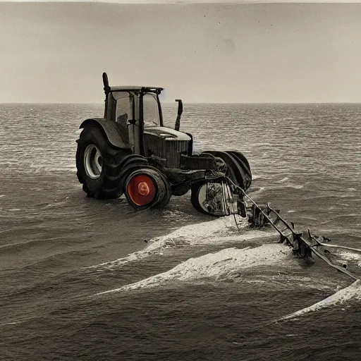 Prompt: an tractor underwater towing a plough through the seabed