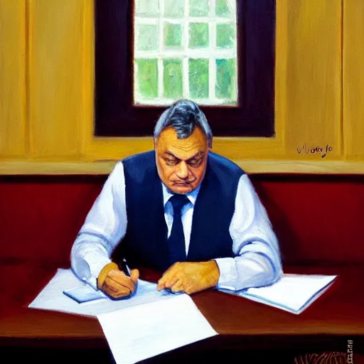 Image similar to viktor orban doing paperwork in a cubicle, oil painting