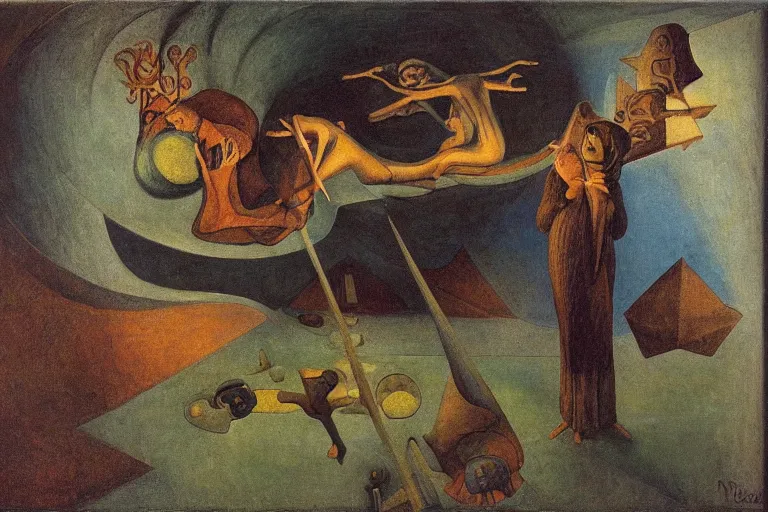 Prompt: the wake of the unseen object,by Remedios Varo and Nicholas Roerich and Adolf Wölfli and ford madox brown, symbolist, dramatic lighting, elaborate geometric ornament, cool blue and green colors, Art Brut, smooth, sharp focus, extremely detailed