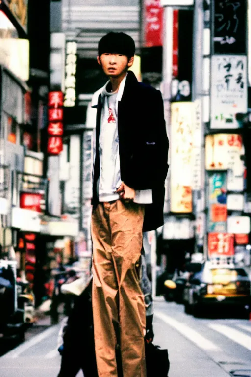 Image similar to street photography of a young japanese man in 9 0 s fashion, in tokyo shinjuku, shot on cinestill 5 0 d with a canon 3 5 mm at f / 5. 6 lens, haruto hoshi, yang seung - woo, saul leiter