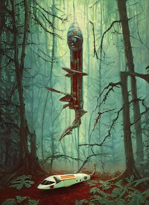 Image similar to spaceship in the woods by a river gorgeous lighting, lush forest foliage blue sky a hyper realistic painting by chiara bautista and beksinski and norman rockwell and greg rutkowski, weta studio, and lucasfilm