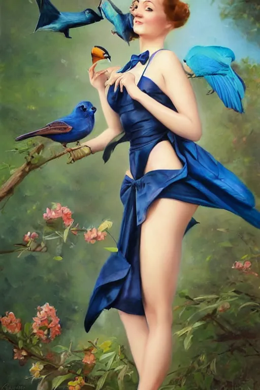 Image similar to hyper realistic painting, tasteful pinup girl holding an indigo bunting, bird, the bird is wearing a bowtie, by greg rutkowski, rossdraws, gil elvgren, enoch bolles, anime, porcelain skin, very coherent