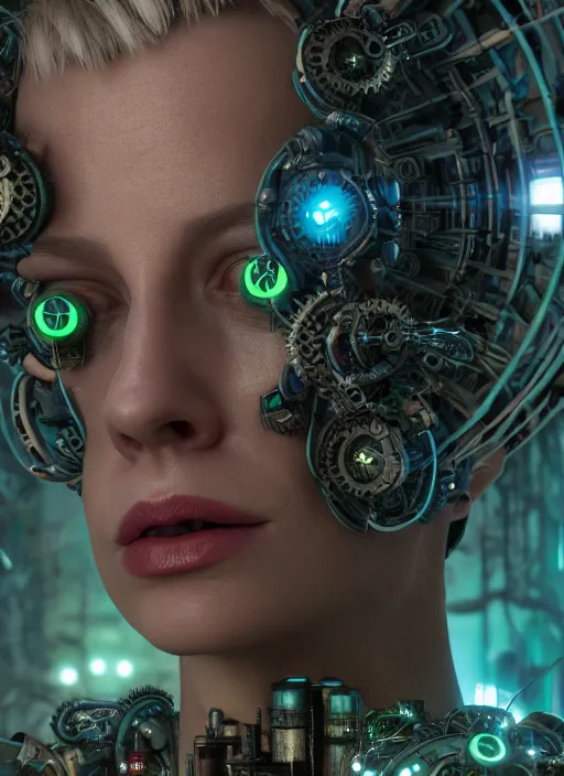 Image similar to 35mm portrait of 7 of 9 borg on the background of a weird magical mechanical forest. Round gears visible inside her hear. Very detailed 8k. Fantasy cyberpunk horror. Sharp. Unreal 5 render with nanite, global illumination and path tracing. Cinematic post-processing