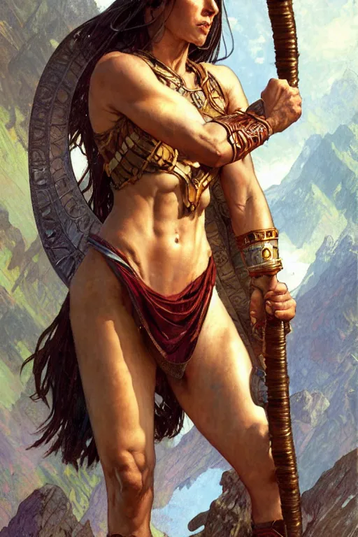 Image similar to full body portrait, thin muscular viking amazon warrior woman, 6 pack ab, symmetrical beautiful face, relaxed pose. by stanley artgerm lau, greg rutkowski, thomas kindkade, alphonse mucha, loish, norman rockwell ross tran