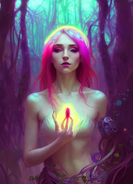 Prompt: stunningly beautiful female neon hair, fantasy art, fae priestess, mushroom forest landscape, dark light night, sharp focus, digital painting, 4 k, concept art, art by wlop, artgerm, greg rutkowski and alphonse mucha