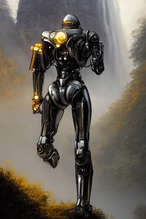 Image similar to detailed intricate digital illustration by greg rutkowski and artgerm and wlop and sanford robinson gifford ; sleek, chrome mech suit, standing with glimmering foggy waterfall in the background ; 1 3 mm film, arri alfa anamorphic lens ; sharp focus, golden hour lighting, mist ; trending on artstation 4 k ; close view