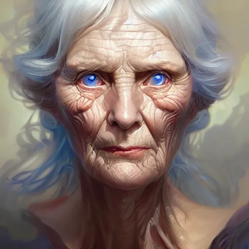 Portrait of old wrinkly grandma, D&D, blue eyes, face, | Stable Diffusion