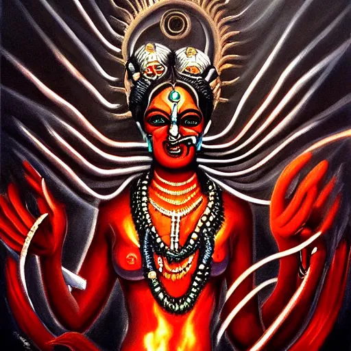 Image similar to beautiful painting of a sacrifice in honor of the goddess Kali Linux in the style of Welder Wings and H. R. Giger. Dark background, detailed, trending on Artstation