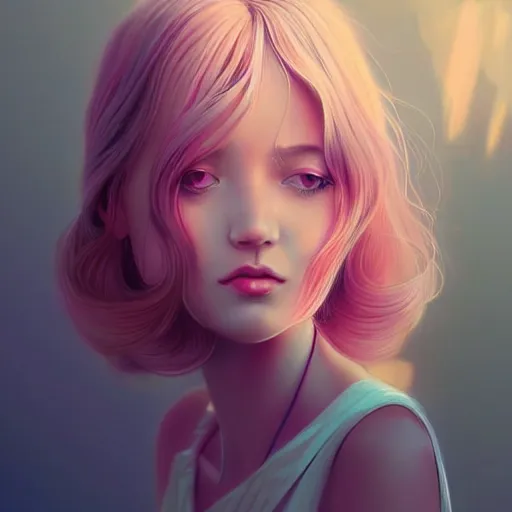 Image similar to young female in summer dress art, pastel light pink long hair, muted colors, matte print, pastel colors, ornate, digital art, digital painting, fan art, elegant, artstation, head is centered, by Ilya Kuvshinov