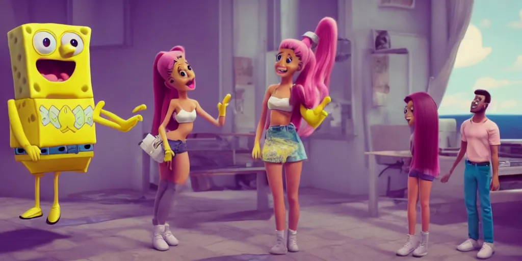 Prompt: “Ariana grande animated and SpongeBob hanging out. 4. Octane render, 4k, 8k, unreal 5, very detailed, hyper realism, trending on artstation.”