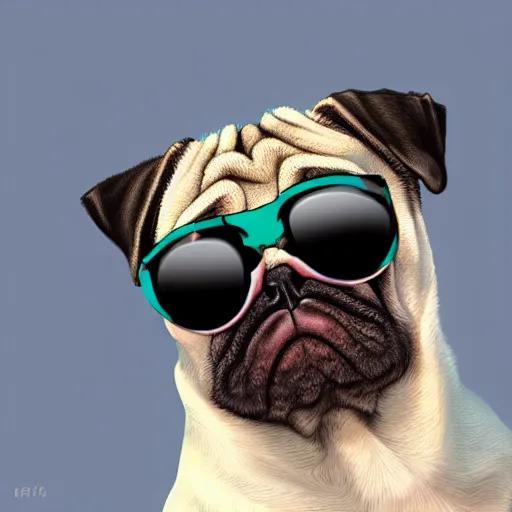 Prompt: Portrait of a pug wearing sunglasses, elegant, digital painting, highly detailed, fantasy, artstation, concept art, smooth, sharp focus, illustration