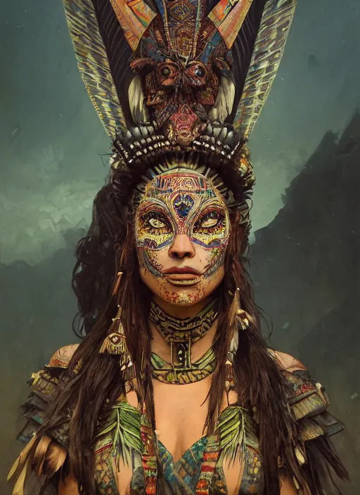 Image similar to a Photorealistic dramatic fantasy render of a beautiful woman wearing a beautiful detailed Aztec Insect shaman mask and intricate costume by WLOP,Artgerm,Greg Rutkowski,Alphonse Mucha, Beautiful dynamic dramatic dark moody lighting,shadows,cinematic atmosphere,Artstation,concept design art,Octane render,8K